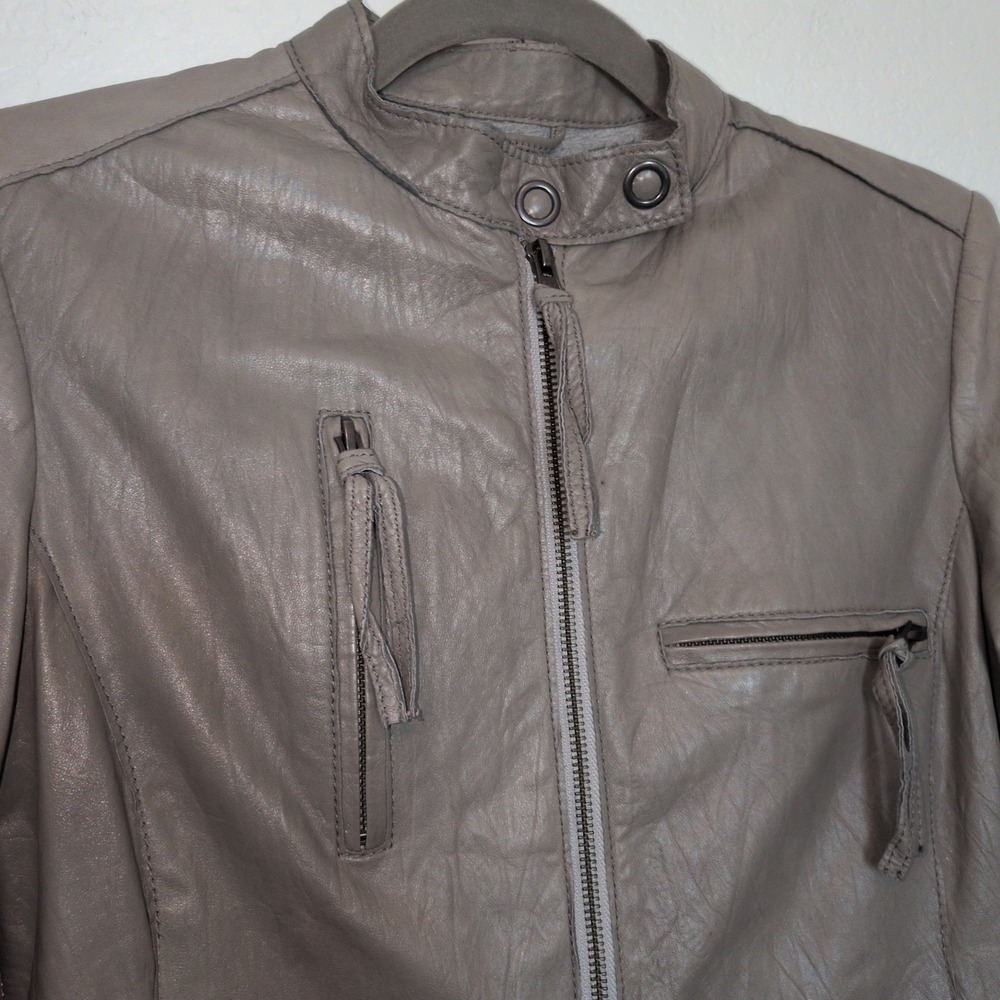 Ever Moto Jacket Womens Small Grey Washed Italian Lambskin Leather Biker Coat